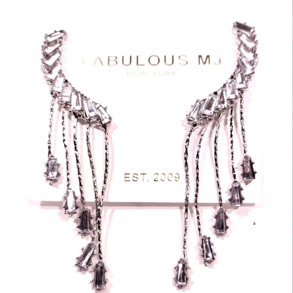 𝅺SILVER Rhinestone Crystal Cascading & Cuff Earrings